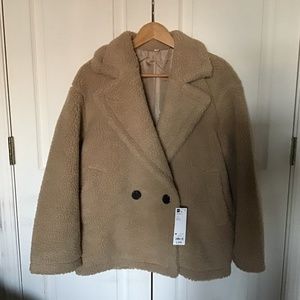 NWT Uniqlo GU Women Faux Shearling Teddy Fleece Half Coat Jacket beige size M